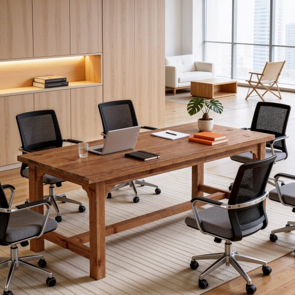 Finmind 63" Solid Wood Conference Table, Rectangular Meeting Table with Foot Bar for Conference & Training Room