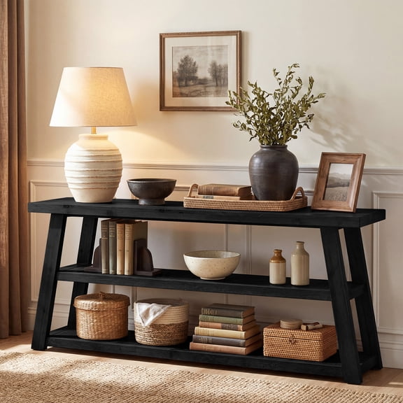 Finmind 63" Solid Wood Console Table, 3-Tier Farmhouse Entryway Table with Storage Shelves, Rustic Sofa Table Behind Couch for Hallway, Foyer, Easy Assembly, Black