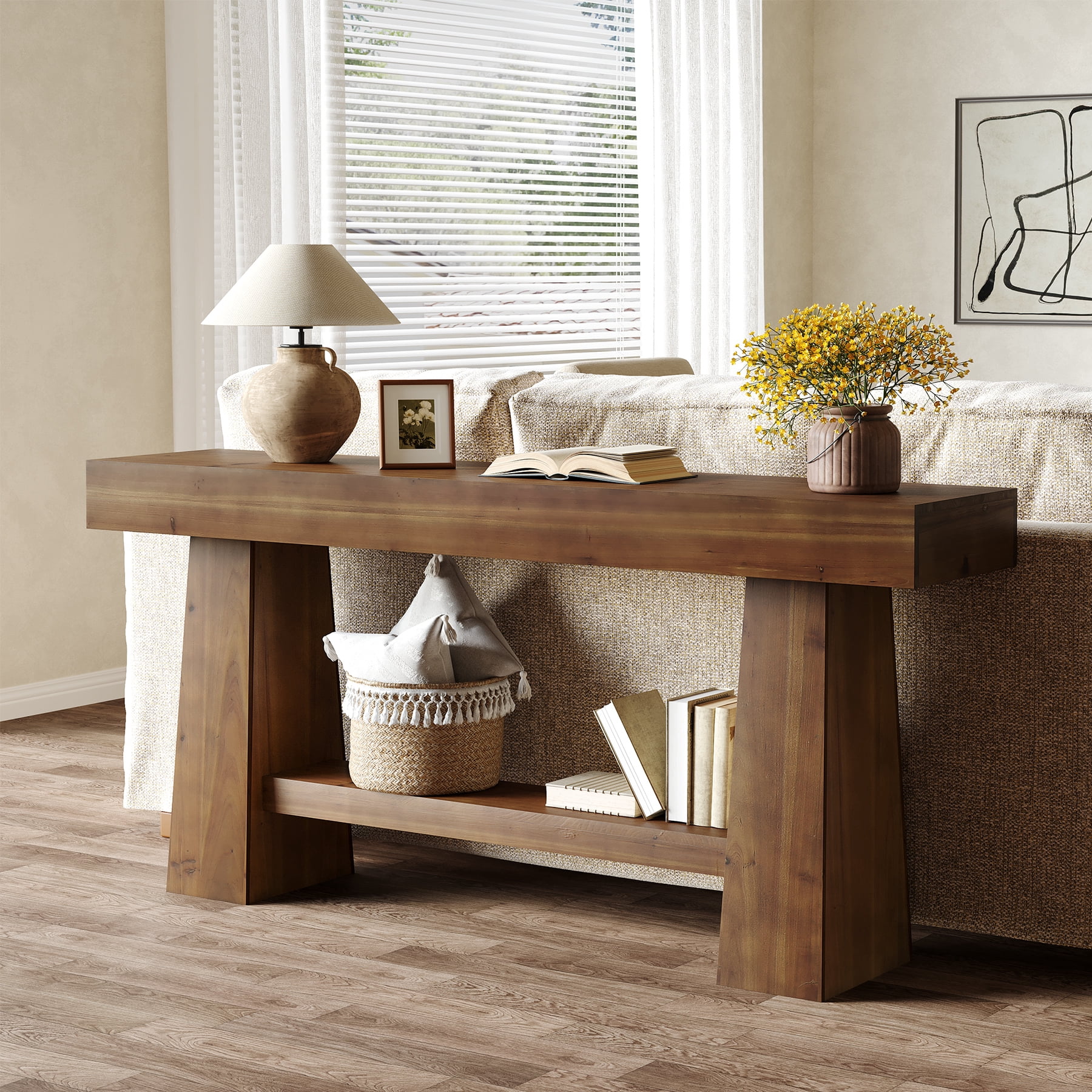 Finmind 63 in Solid Wood Console Table, Sofa Table Behind Couch with Storage