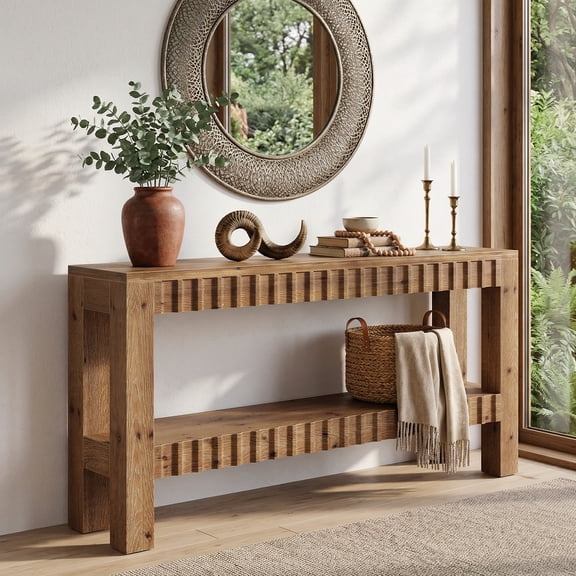 Finmind 63" Solid Wood Console Table for Entryway, 2-Tier Farmhouse Foyer Table with Fluted Design, Sofa Console for Living Room, Entry, Rustic Brown