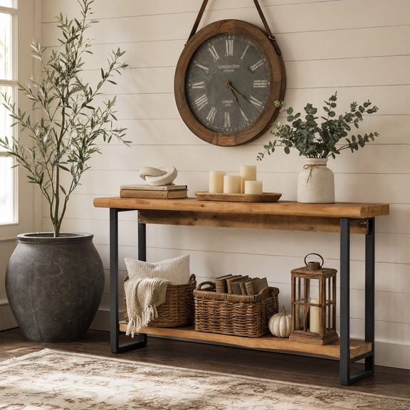 Finmind 63" Solid Wood Console Table with Metal Legs, Farmhouse Narrow Entryway Sofa Table Behind Couch for Living Room, Brown