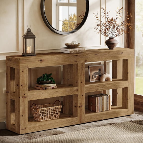 Finmind 63" Solid Wood Console Table with Storage, 3-Tier Farmhouse Entryway Table with 4 Cubes for Living Room, Hallway, Natural Brown
