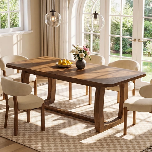 Finmind 63" Solid Wood Dining Table for 4-6, Farmhouse Rectangle Kitchen Table with Rounded Corners & UShaped Base for Dining Room