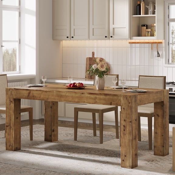 Finmind 63" Solid Wood Dining Table for 4-6 People, Farmhouse Kitchen Table with Thickened Legs, Rectangle Dinner Furniture, Rustic Brown