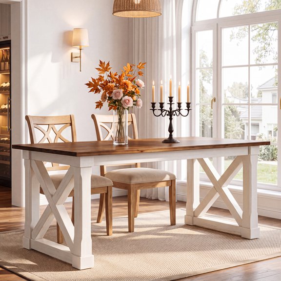 Finmind 63" Solid Wood Dining Table with X-Brace Legs, Farmhouse Kitchen Table Seats 6, Natural Top & White Base