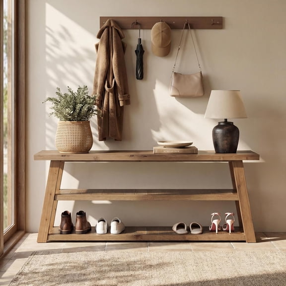 Finmind 63" Solid Wood Entryway Bench with Storage, 3-Tier Farmhouse Shoe Rack Bench for Hallway, Foyer, Entrance, Mudroom, Rustic Brown