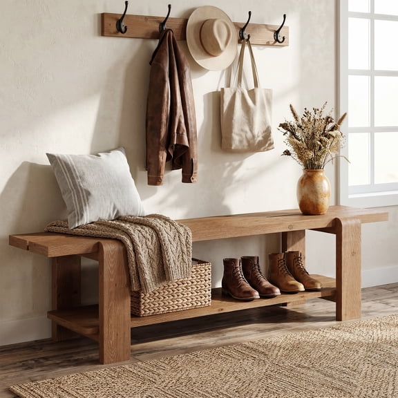 Finmind 63" Solid Wood Entryway Bench with Storage, Narrow Long End of Bed Bench for Entry for Entry, Brown