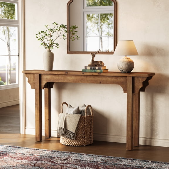 Finmind 63" Solid Wood Entryway Table, Mid-Century Modern Console Table for Living Room, Entrance, Hallway & Foyer
