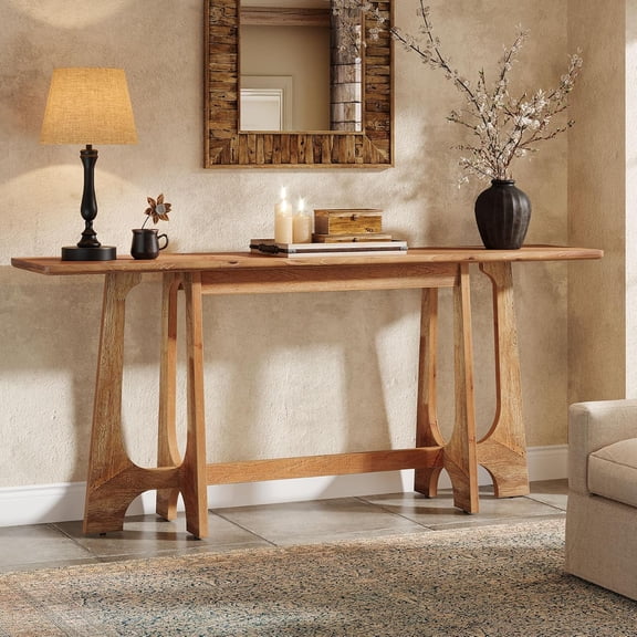 Finmind 63" Solid Wood Entryway Table, Narrow Long Sofa Table Behind Couch for Living Room, Brown