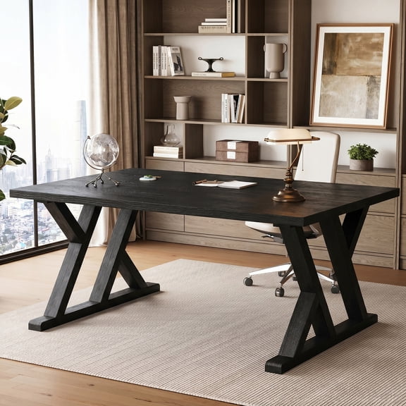 Finmind 63" Solid Wood Executive Desk, Farmhouse Computer Desk with X-Shaped Legs for Home Office, Study, Black