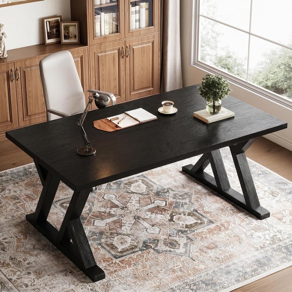 Finmind 63" Solid Wood Executive Desk, Farmhouse Home Office Computer Desk with X-Shaped Legs, Black