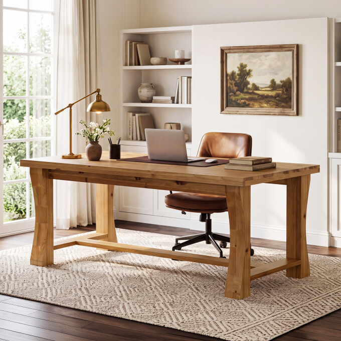 Finmind 63" Solid Wood Executive Office Desk, Farmhouse Computer Desk