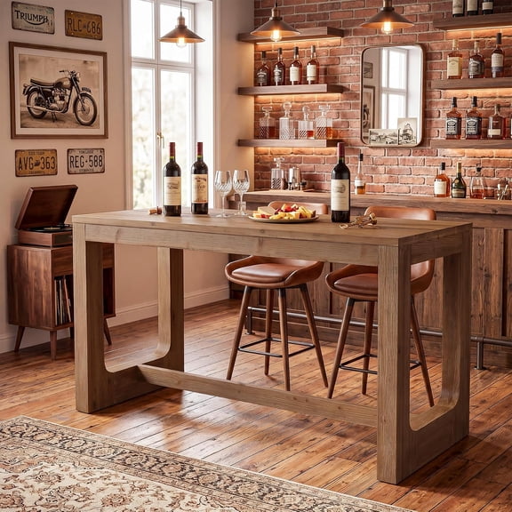 Finmind 63" Solid Wood Home Bar Table, Counter Height Table, Rustic Brown