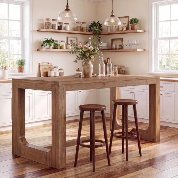 Finmind 63" Solid Wood Kitchen Island Table, Rustic Brown Counter Height Prep Table - 62.99" W 27.56" D 35.43" H