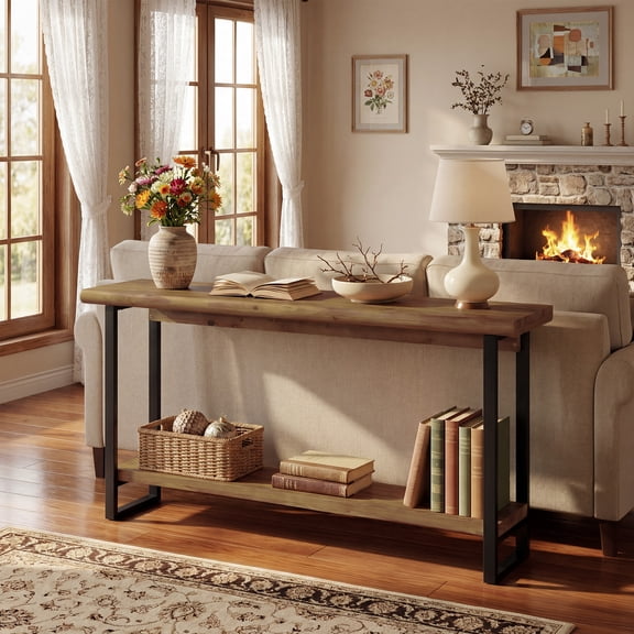 Finmind 63" Solid Wood Live-Edge Console Table, Farmhouse Narrow Sofa Table with Metal Legs, 2-Tier Entryway Table for Behind Couch, Foyer & Living Room, Dark Brown