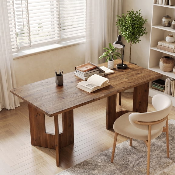 Finmind 63" Solid Wood Office Desk, Farmhouse Executive Computer Desk with Large Work Surface, Home Office Writing Table, Walnut