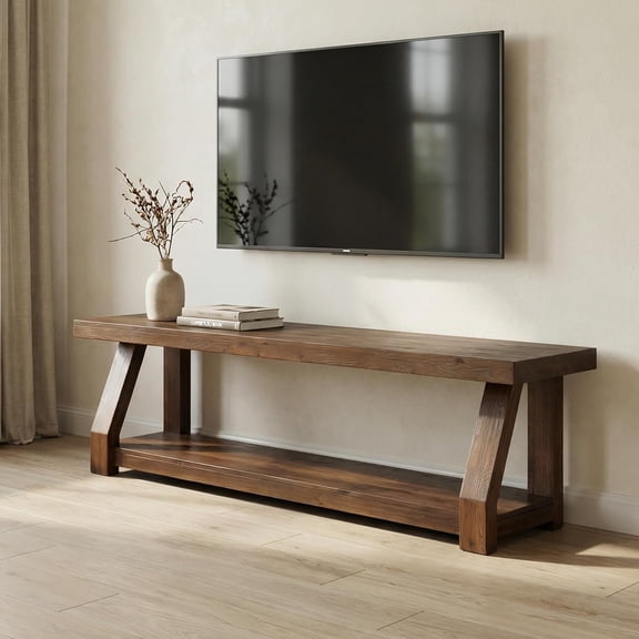 Finmind 63" Solid Wood TV Stand for TVs up to 75", 2-Tier Media Console with Open Storage, Farmhouse Entertainment Center for Living Room, Bedroom, Rich Walnut Brown