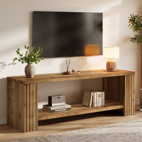 Finmind 63" Solid Wood TV Stand for 55/60/65/75-inch TVs, Farmhouse Fluted TV Consoles with Storage Shelves, for Living Room, Bedroom, Rustic Brown