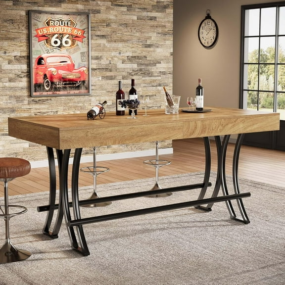 Finmind 63" Tall Bar Pub Table with Metal Footrest, Rectangular Counter Height Kitchen Dining Table, Industrial Home Bar Unit for Entertaining, Freestanding, Rustic Brown