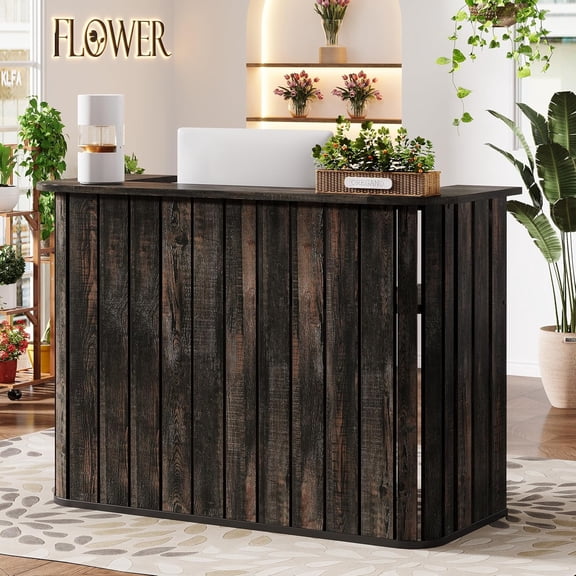 Finmind 63" U-Shaped Reception Desk with Counter, Modern Front Desk with Private Panel for Salon, Lobby, Retail Store, Office, Dark Grey