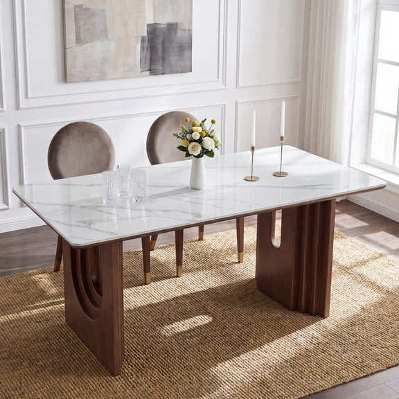 Finmind 63" White Sintered Stone Dining Table with Wood Pedestal Base, Modern Farmhouse Kitchen Table for 6