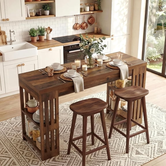 Finmind 63" Wooden Bar Table with Wine Rack, Large Bistro Pub Table with Storage Shelves, Brown