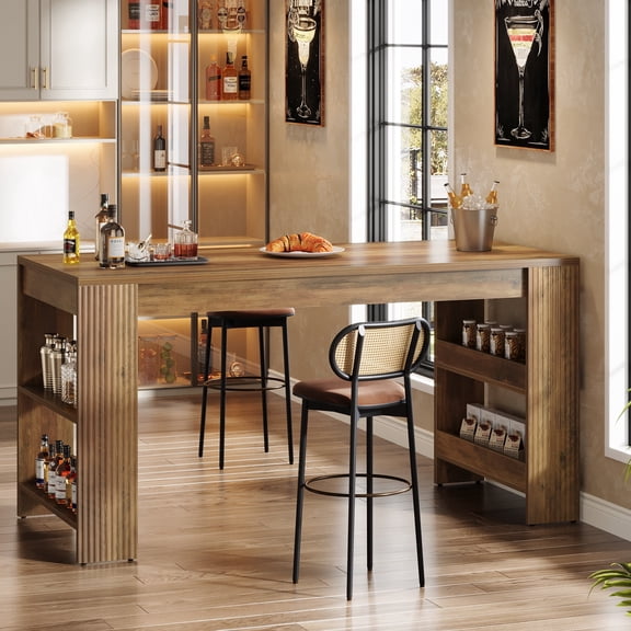 Finmind 63-inch Bar Table, Farmhouse Counter Height Pub Table with Storage Shelves, High Top Bar Unit for Kitchen, Dining Room, Rustic Brown