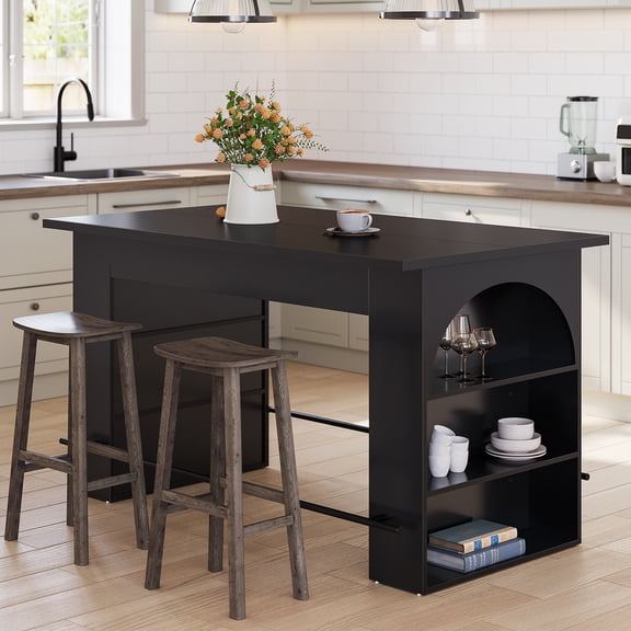 Finmind 63 inch Bar Table, Modern Counter Height Pub Table with Footrest and 3-Tier Storage Legs on Both Sides for Dining Room, Kitchen, Black