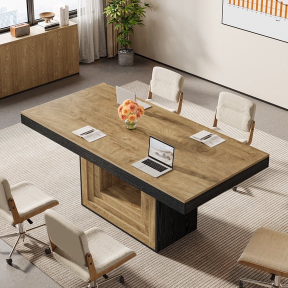 Finmind 63-inch Conference Table for 4-6 People, 5 ft Modern Meeting Table with Sturdy Base, Brown and Black