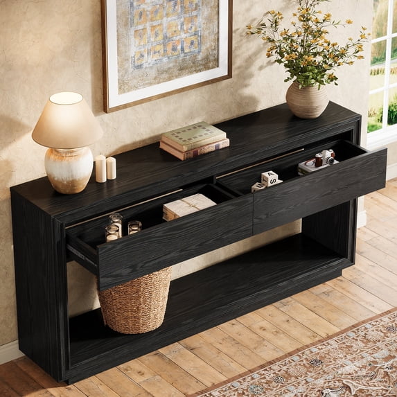 Finmind 63-inch Console Table with 2 Drawers, Farmhouse Entryway Table, Narrow Sofa Console for Living Room, Hallway, Foyer, Behind Couch, Black