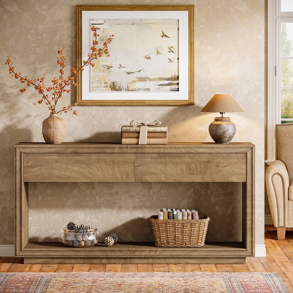 Finmind 63-inch Console Table with 2 Drawers, Farmhouse Entryway Table, Narrow Sofa Console for Living Room, Hallway, Foyer, Behind Couch, Brown