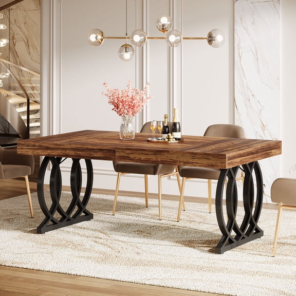 Finmind 63-inch Dining Table for 4-6, Industrial Kitchen Table with Spacious Tabletop and Geometric Legs, Rustic Brown and Black