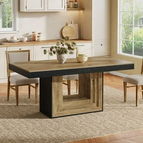 Finmind 63-inch Dining Table for 4-6 People, Farmhouse Wooden Rectangle Kitchen Table with Sturdy Pedestal, for Dinner, Banquet, Brown and Black