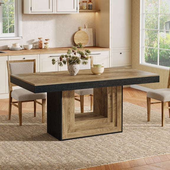Finmind 63-inch Dining Table for 4-6 People, Farmhouse Wooden Rectangle Kitchen Table with Sturdy Pedestal, for Dinner, Banquet, Brown and Black