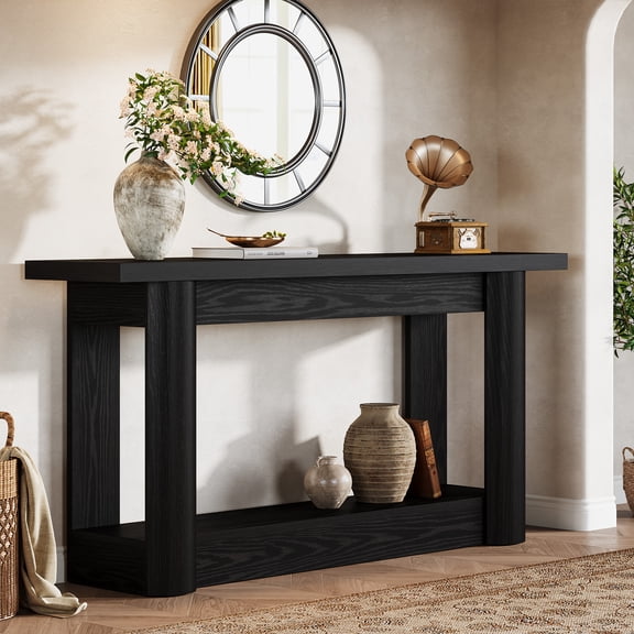Finmind 63-inch Farmhouse Console Table, Narrow Long Sofa Console Behind the Couch, 2-Tier Entryway Table for Hallway, Entry, Living Room, Black