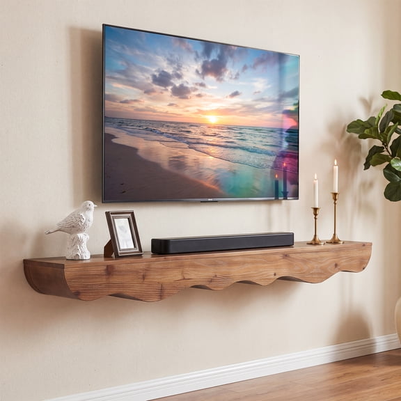 Finmind 63-inch Fireplace Mantel, Solid Wood Mantel Shelf, Floating Display Mounted Shelves for Wall, Living Room, Rustic Brown