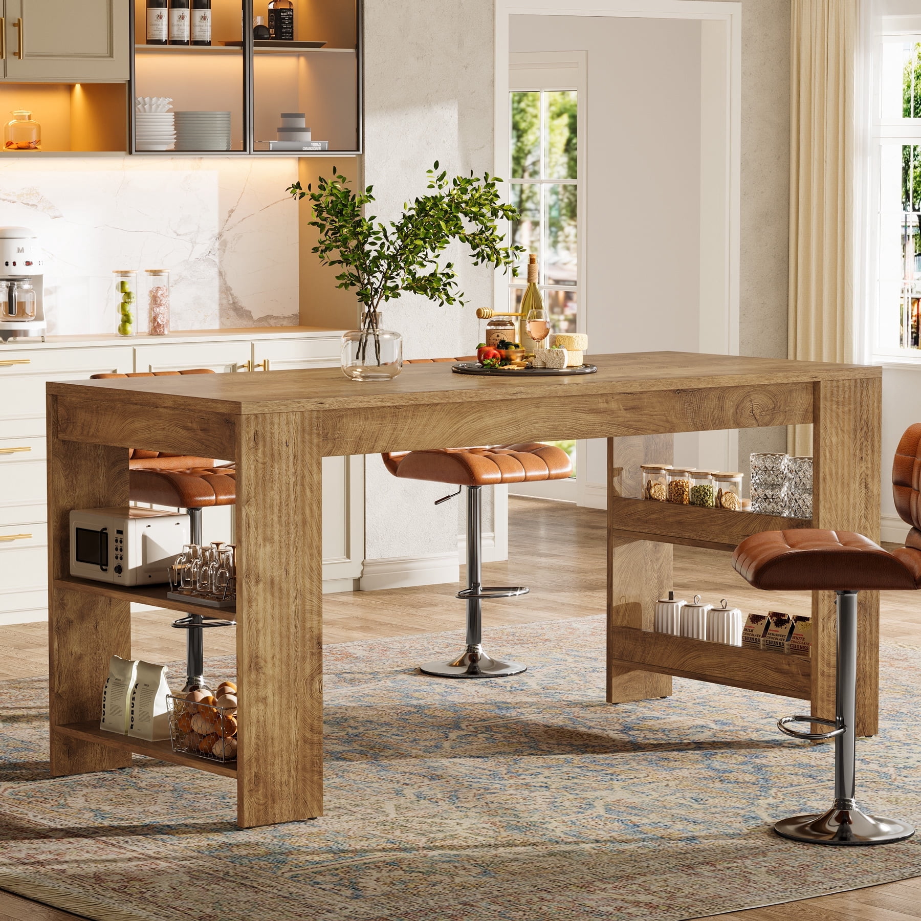 Finmind 63-inch Kitchen Island with Storage, Large Stationary Island Table for Kitchen, Farmhouse Home Bar Unit for Kitchen, Light Brown