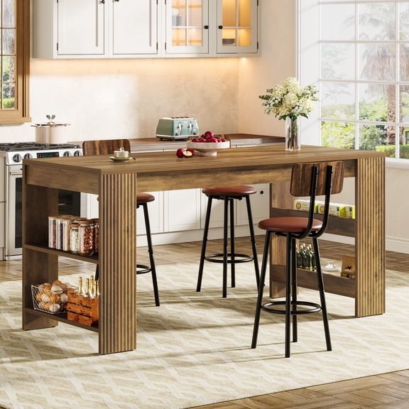 Finmind 63-inch Kitchen Island with Storage, Large Stationary Island Table for Kitchen, Farmhouse Home Bar Unit for Kitchen, Rustic Brown