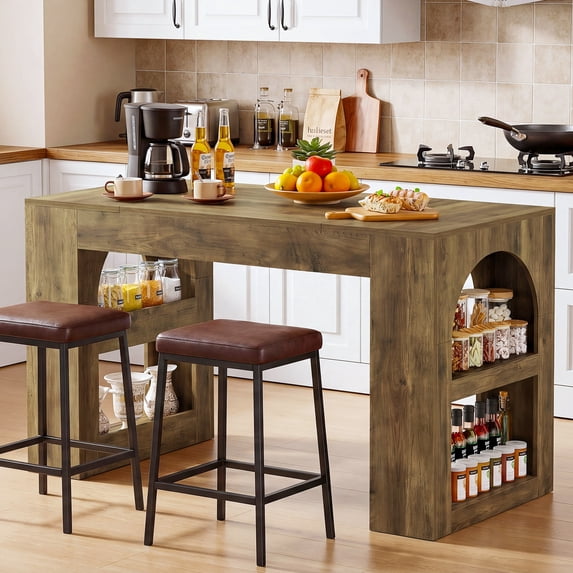 Finmind 63-inch Kitchen Island with Storage Shelves, Farmhouse Stationary Island Table with Spacious Top, for Kitchen, Living Room, Rustic Brown