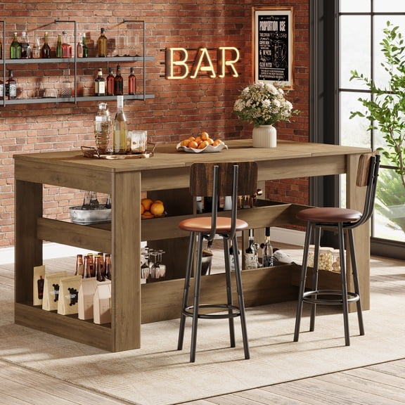 Finmind 63-inch Long Bar Table, Counter Height Pub Table with 3-Tier Storage Shelf for Dining Room, Home Bar, Living Room Rustic Brown