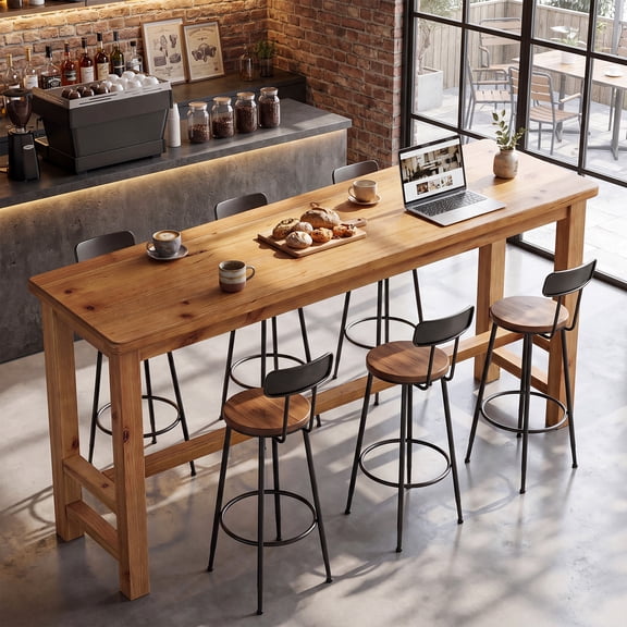 Finmind 63 inch Long Solid Wood Bar Table, Rectangular Counter Height Pub Table, 41.3 inch Tall High Top Table for 6, Natural Brown