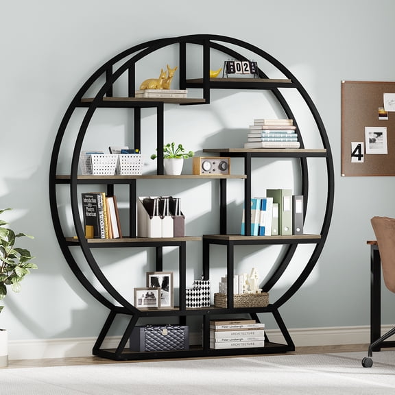 Finmind 63-inch Round Bookshelf, Industrial Wood Book Shelf with Staggered Shelves, Rustic Open Shelving Bookcase, Light Gray and Black