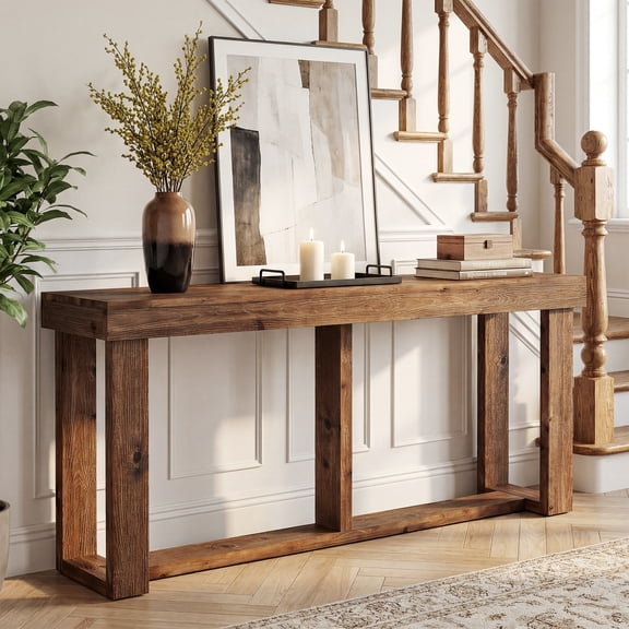 Finmind 63-inch Solid Wood Console Table, Farmhouse Entryway Table with Storage, Narrow Sofa Table for Hallway, Entrance, Living Room, Rustic Brown