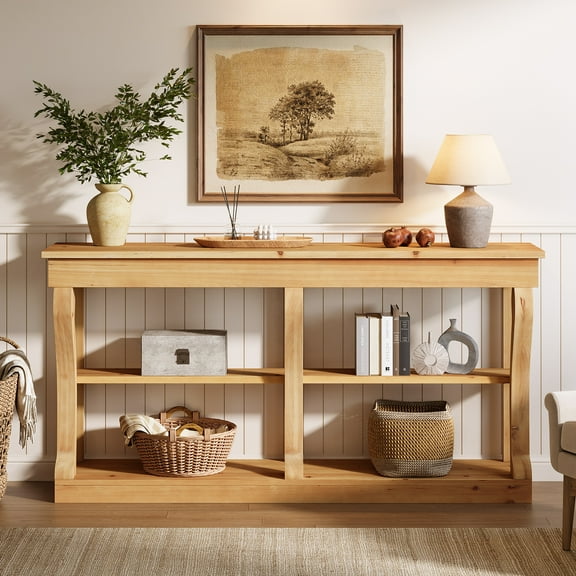Finmind 63-inch Solid Wood Console Table for Entryway, 3-Tier Sofa Console Behind the Couch, Farmhouse Entryway Table for Living Room, Hallway, Brown