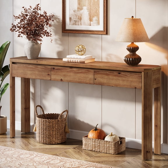 Finmind 63-inch Solid Wood Console Table with 3 Drawers, Narrow Sofa Console Behind Couch, Farmhouse Entry Table for Foyer, Entrance, Rustic Brown