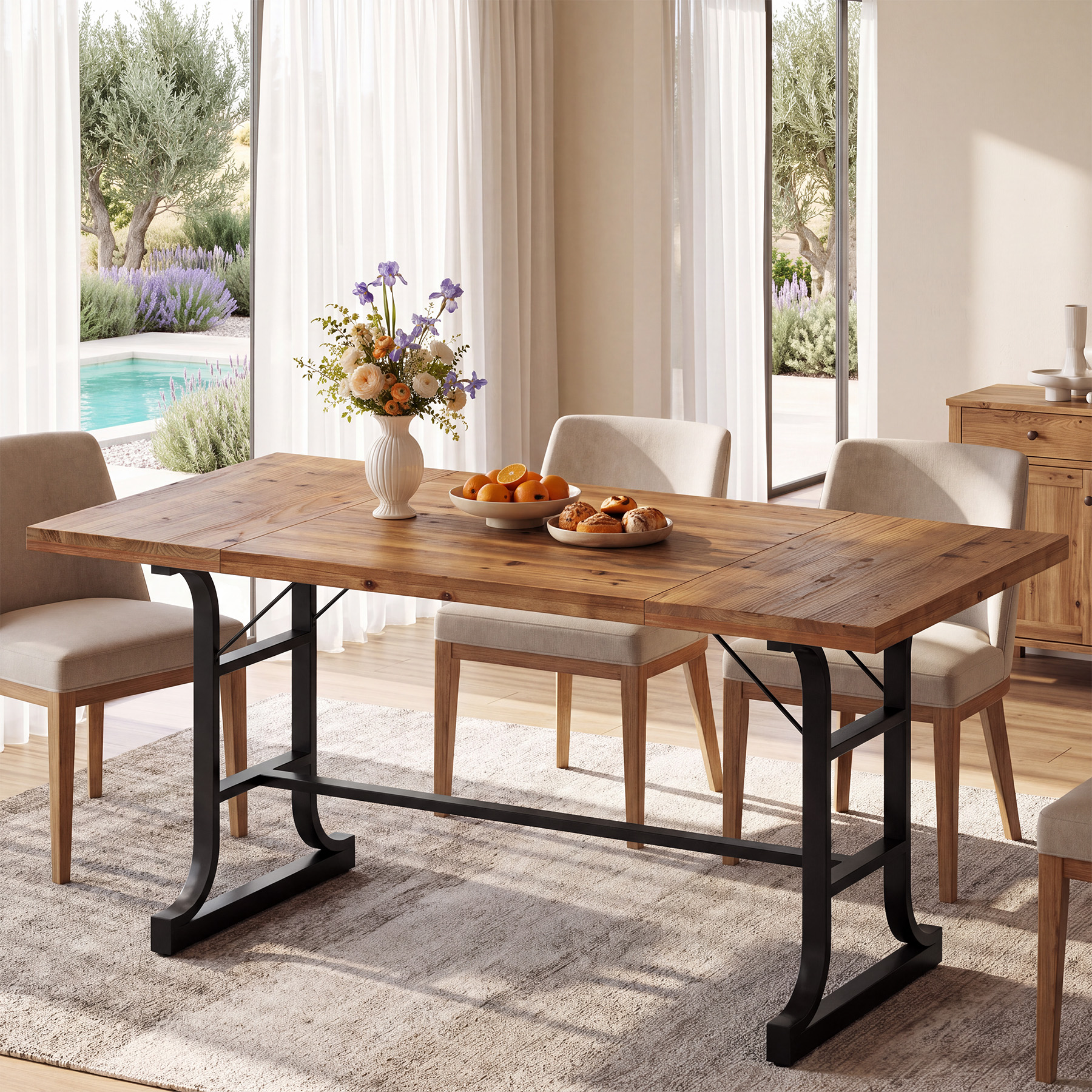 Finmind 63-inch Solid Wood Dining Table for 4-6 People, Industrial Rectangle Kitchen Table with Metal Legs, Brown and Black