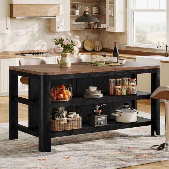 Finmind 63-inch Solid Wood Kitchen Island with Storage Shelves, 3-Tier Farmhouse Counter Height Island Table for Kitchen, Dining Room,Brown & Black