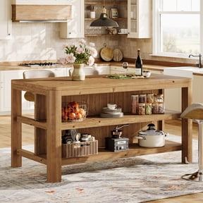 Finmind 63-inch Solid Wood Kitchen Island with Storage Shelves, 3-Tier Farmhouse Counter Height Island Table for Kitchen, Dining Room, Natural Brown