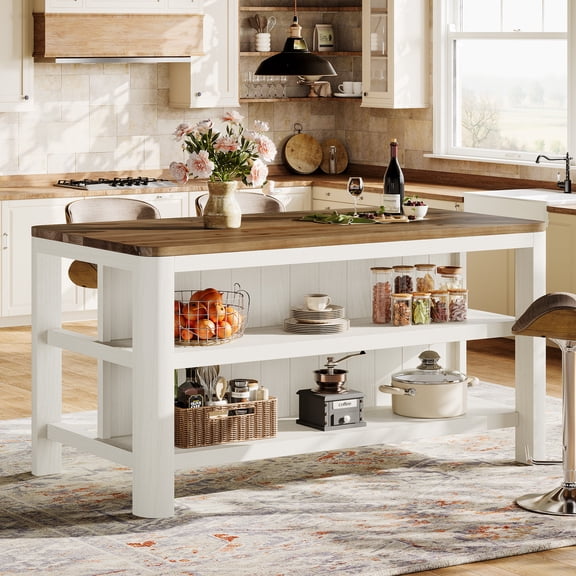 Finmind 63-inch Solid Wood Kitchen Island with Storage Shelves, 3-Tier Farmhouse Counter Height Island Table for Kitchen, Dining Room, Natural Brown
