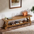 thumbnail image 1 of Finmind 63-inch Solid Wood Shoe Bench, 2-Tier Farmhouse Entryway Bench, Narrow Shoe Storage Organizer for Hallway, Bedroom, Rustic Brown, 1 of 9